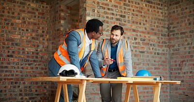 Buy stock photo People, engineer and talking at site for meeting, planning and inspection for construction. Men, contractor and worksite for team discussion, civil engineering and feedback on building development