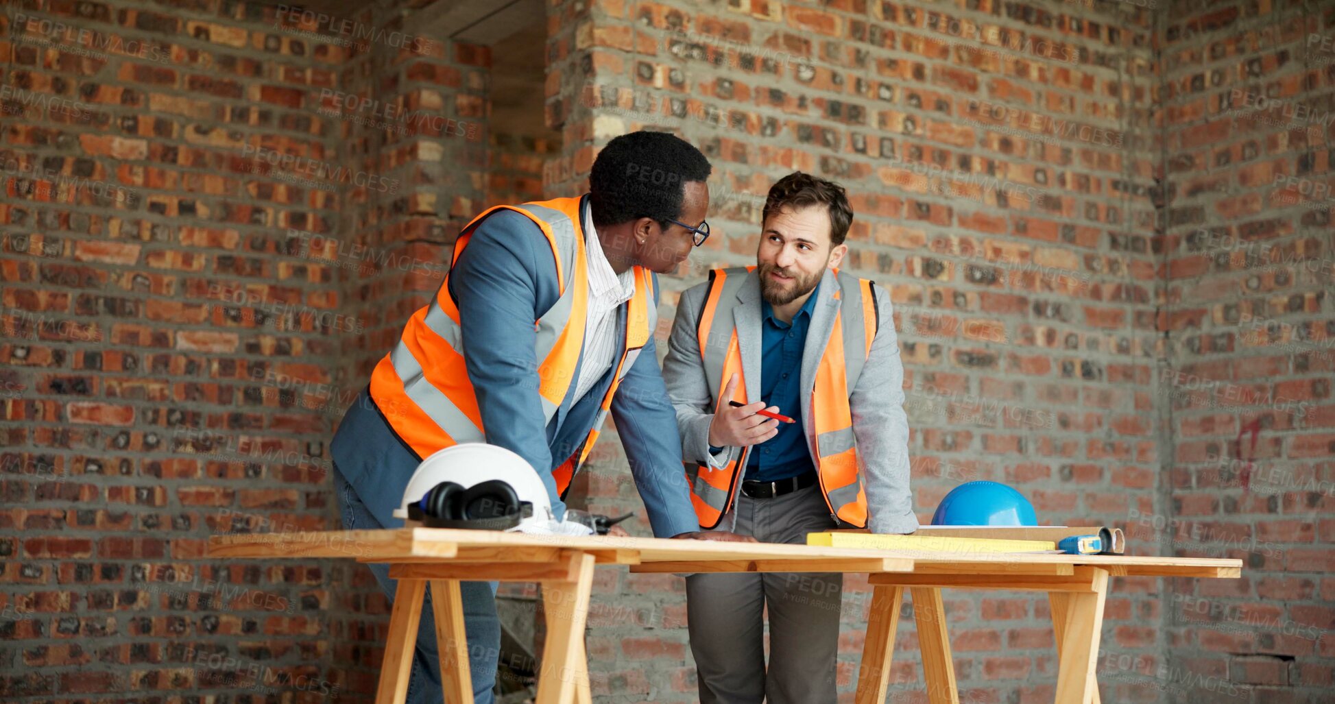 Buy stock photo People, engineer and talking at site for meeting, planning and inspection for construction. Men, contractor and worksite for team discussion, civil engineering and feedback on building development