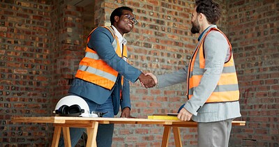 Buy stock photo Architect, men and handshake on construction site, agreement and teamwork for real estate investment. Happy people, shaking hands and collaboration for property development and success in building