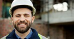 Portrait, engineering and man with smile, construction site and urban development or remodeling. Happy, person and employee for architecture, pride and infrastructure for safety and quality control
