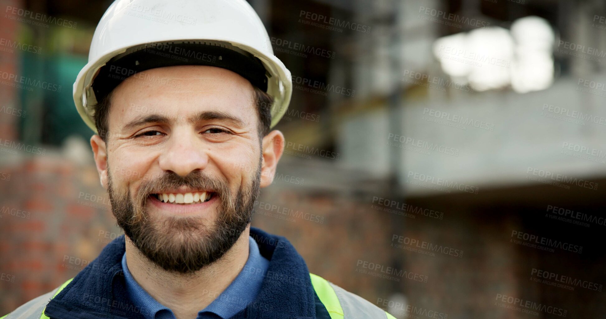 Buy stock photo Portrait, engineering and man with smile, construction site and urban development or remodeling. Happy, person and employee for architecture, pride and infrastructure for safety and quality control