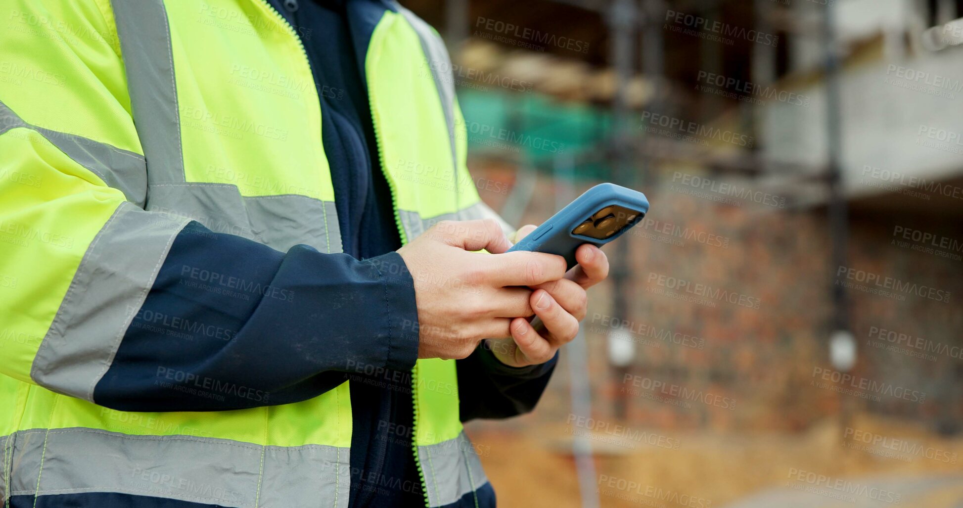 Buy stock photo Construction, hands or person with phone on site for timesheet review, safety log or texting. Foreman, worker or mobile app outdoor for project reporting, scaffolding compliance or progress checklist