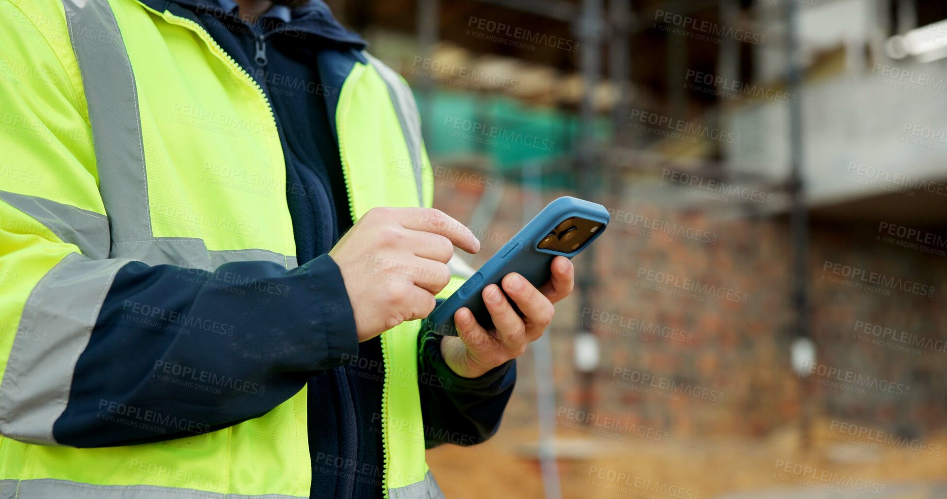 Buy stock photo Construction, hands or texting with phone on site for timesheet review, safety log or chat. Foreman, person and mobile app outdoor for project reporting, scaffolding compliance or progress checklist