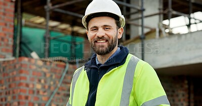 Buy stock photo Portrait, remodeling and man with smile, construction site and urban development or engineering. Happy, person and employee for architecture, pride and infrastructure for safety and quality control