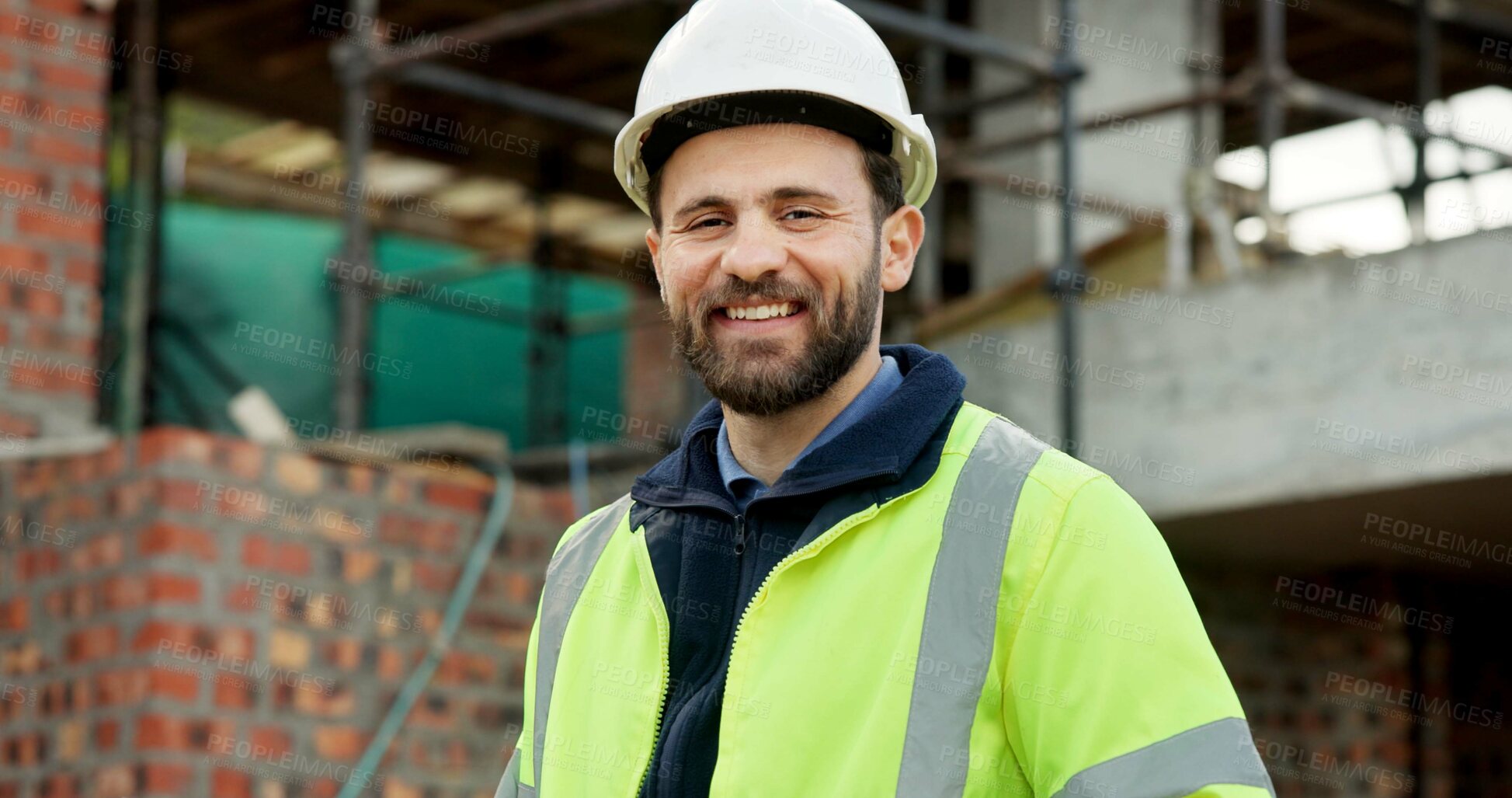 Buy stock photo Portrait, remodeling and man with smile, construction site and urban development or engineering. Happy, person and employee for architecture, pride and infrastructure for safety and quality control
