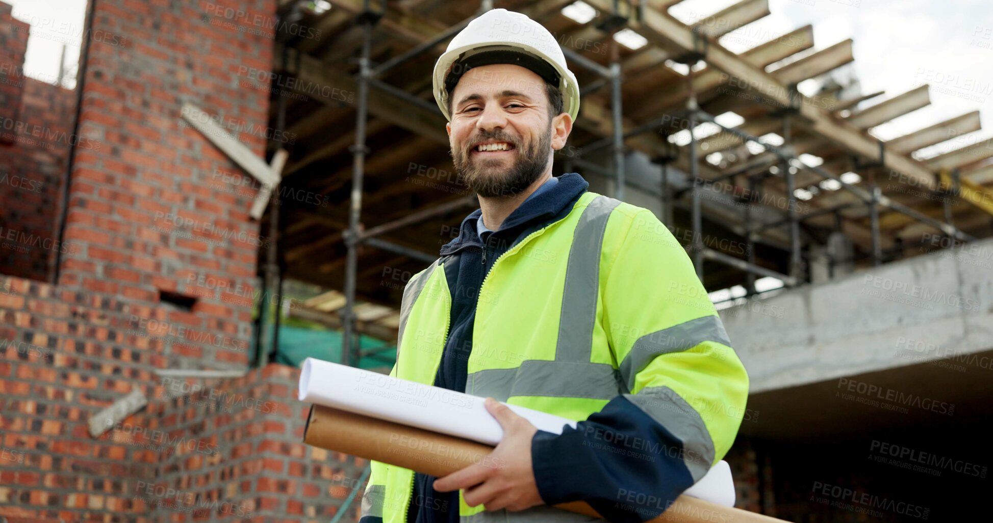Buy stock photo Portrait, architecture and man with blueprint, construction site and urban development or remodeling. Happy, person and paperwork for engineering, infrastructure and safety or quality control