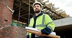 Thinking, architecture and man with blueprint, construction site and urban development or remodeling. Inspection, person and paperwork for engineering, infrastructure and safety or quality control