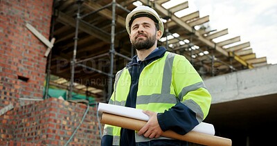 Buy stock photo Thinking, architecture and man with blueprint, construction site and urban development or remodeling. Inspection, person and paperwork for engineering, infrastructure and safety or quality control