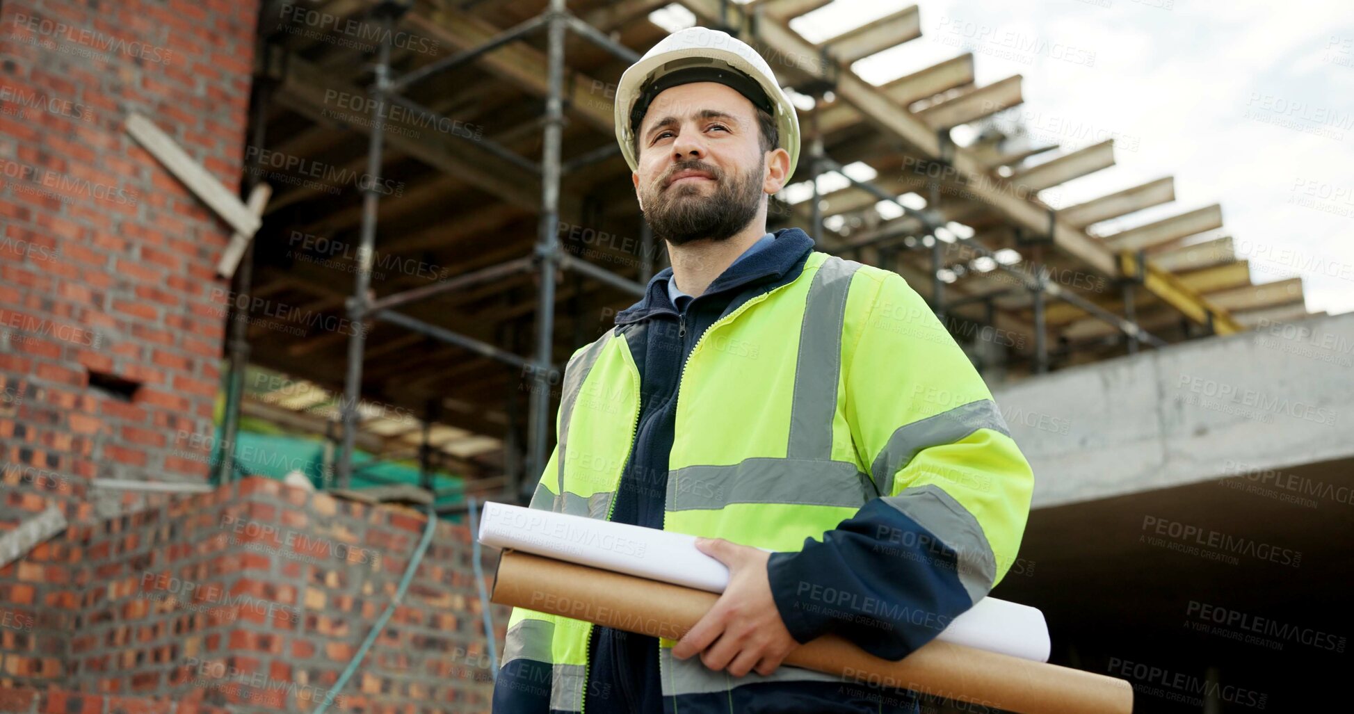 Buy stock photo Thinking, architecture and man with blueprint, construction site and urban development or remodeling. Inspection, person and paperwork for engineering, infrastructure and safety or quality control