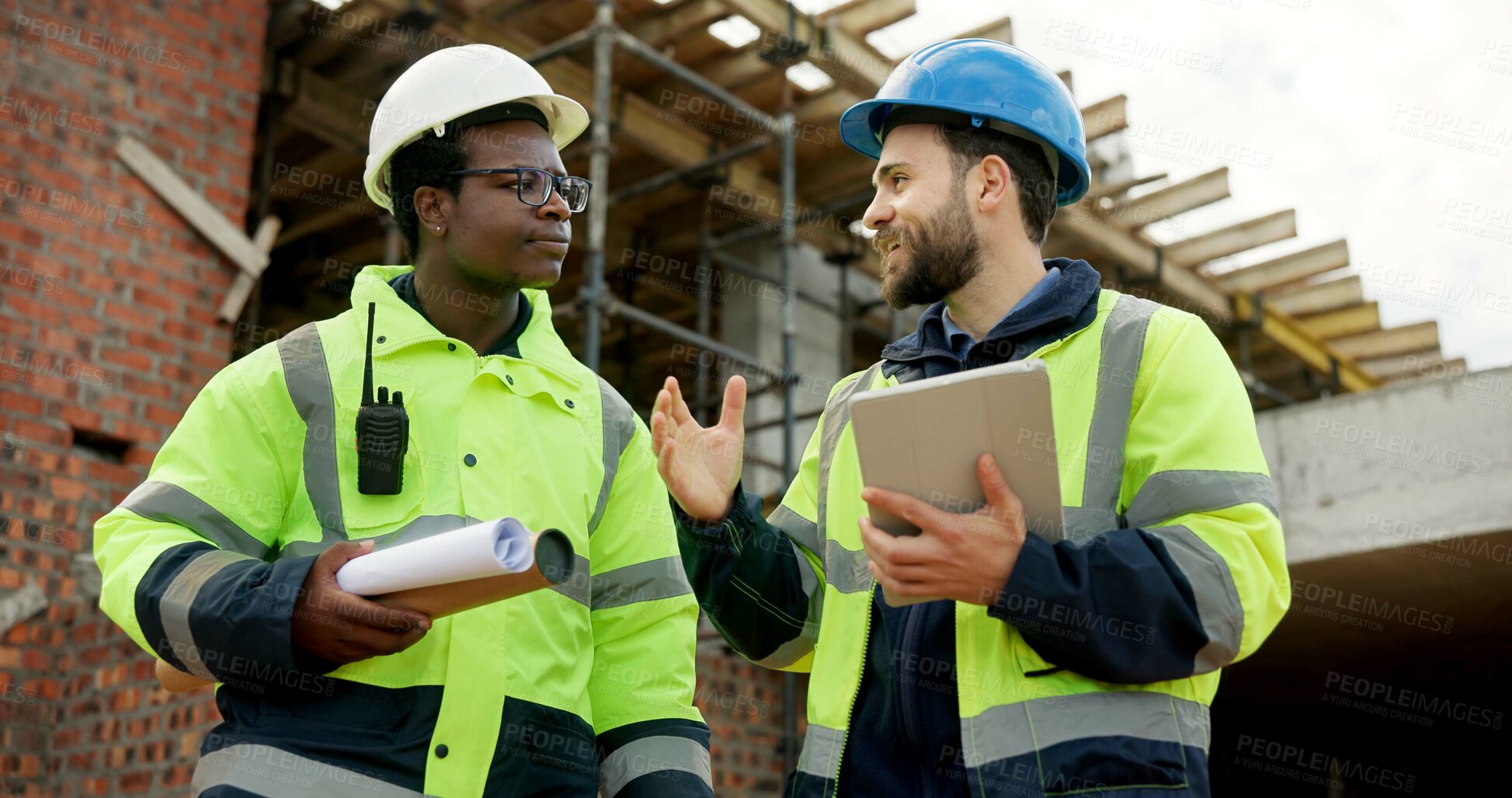 Buy stock photo People, engineer and talking at site with tablet, planning and inspection report for construction. Men, contractor and discussion outdoor with tech, information and feedback for building development