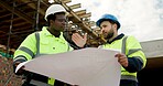 People, engineer and talking at site with document, blueprint and planning for architecture. Men, meeting or team outdoor with paperwork, inspection and construction feedback for building development