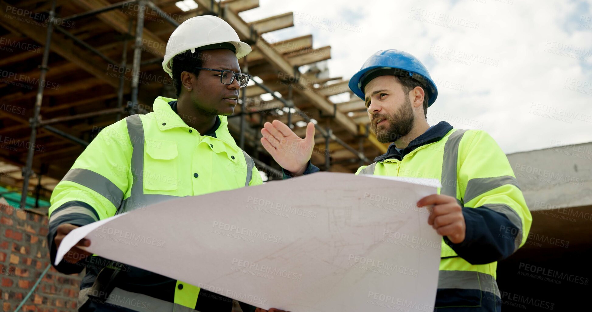 Buy stock photo People, engineer and talking at site with document, blueprint and planning for architecture. Men, meeting or team outdoor with paperwork, inspection and construction feedback for building development