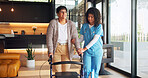 Nurse, rehabilitation and walker with old woman in home together for balance or stability. Healthcare, physiotherapy and walking frame for exercise or recovery of senior person in wellness session