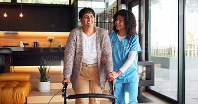 Buy stock photo Nurse, rehabilitation and walker with senior woman in home for balance or stability. Healthcare, physiotherapy or walking frame for recovery or support of happy old person in medical wellness session