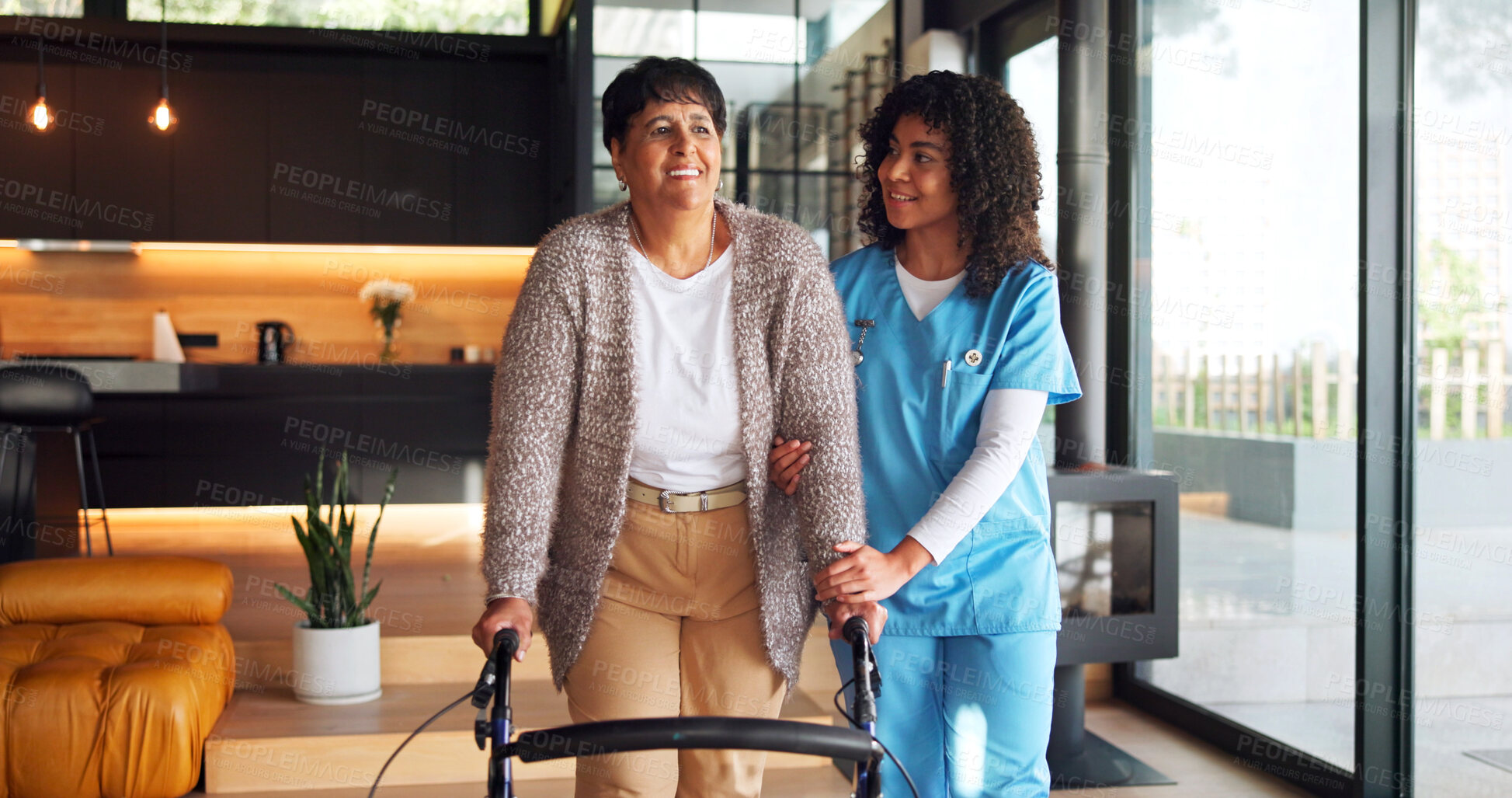 Buy stock photo Nurse, rehabilitation and walker with senior woman in home for balance or stability. Healthcare, physiotherapy or walking frame for recovery or support of happy old person in medical wellness session