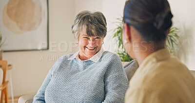 Buy stock photo Conversation, happy and woman with senior mother on sofa in home for advice, bonding or connection. Smile, talking and person with elderly mom for family gossip or discussion together on weekend.