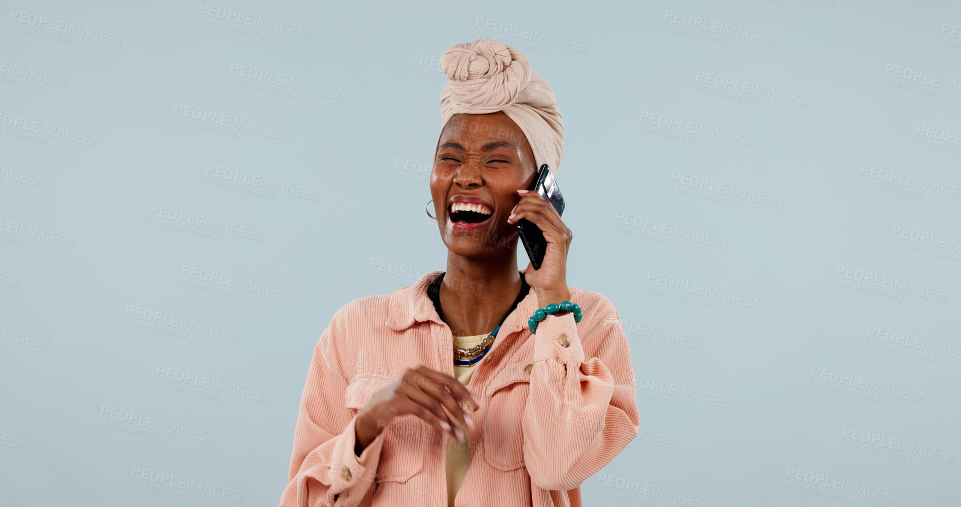 Buy stock photo Laugh, black woman and phone call in studio for funny joke, story and gossip on background. Mobile, talking and happy person with humor, connection and communication with contact on mockup space