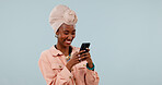 Chat, app or black woman with phone for social media or conversation on a studio background. Happy, female person or user with smile on smartphone for mobile texting or online discussion on space