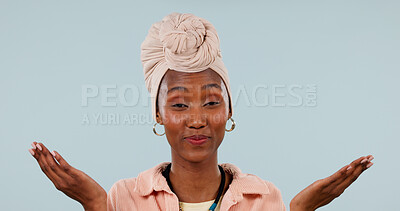 Buy stock photo Choice, hands and portrait of black woman in studio for retail option, shopping budget plan and decision. Scale, mockup space and balance with person on blue background for discount comparison