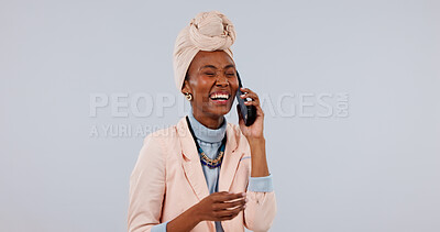 Buy stock photo Laugh, black woman and phone call in studio for business, story or funny joke on white background. Mobile, talk and happy consultant with humor, news or communication with contact on mockup space