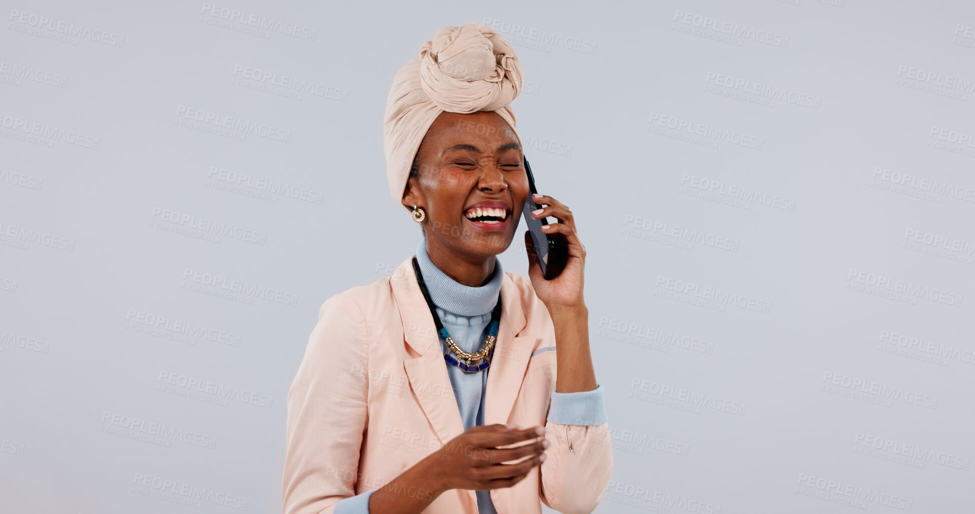 Buy stock photo Laugh, black woman and phone call in studio for business, story or funny joke on white background. Mobile, talk and happy consultant with humor, news or communication with contact on mockup space