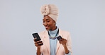 Happy, phone or black woman with credit card in studio for online shopping on a white background. Female person, shopper or smile with smartphone or debit for mobile banking app, payment or ecommerce