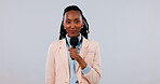 Anchor, portrait or black woman with microphone for weather forecast on a white studio background. Female person, news reporter or broadcaster with smile or mic for announcement or message on space