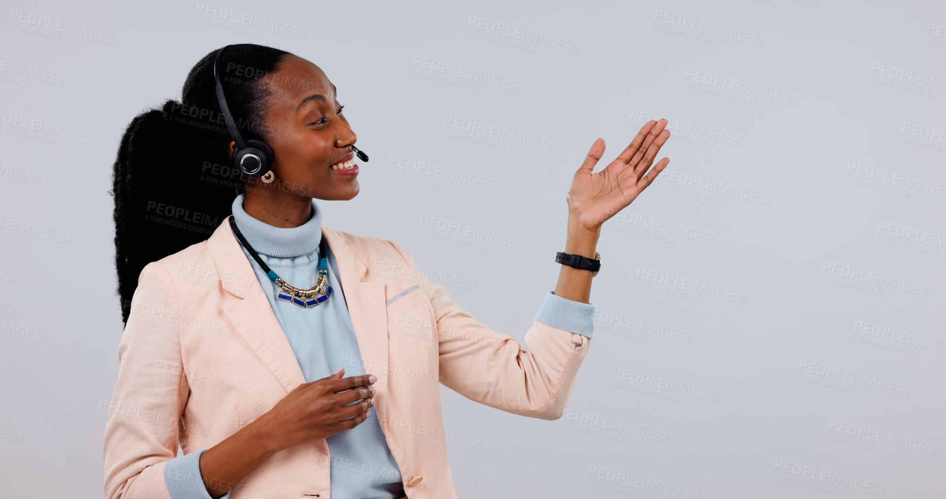 Buy stock photo Headset, agent and black woman with space in studio for call center advice on a white background. Happy person, consultant or advertising tips with mockup for virtual assistance or customer service