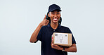 Box, black woman and portrait of courier with thumbs up in studio by space for distribution delivery. Happy, job and logistics worker with approval gesture for cardboard parcel on white background.