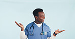 Doctor, option and black man with palm in studio for medical treatment on a blue background. Happy, male person or healthcare worker with smile, choice or decision for pick or selection on space