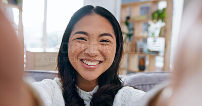Buy stock photo Portrait, woman and selfie at house with smile, photography and social media post for memory. Happy, pov and person in lounge for vlogging, live streaming and profile picture update for weekend break