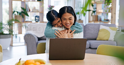 Buy stock photo Remote work, laptop and child with mother for hug, smile and bonding together in home living room. Freelancer, mom and kid embrace with tech for love, care and support with happy family in lounge