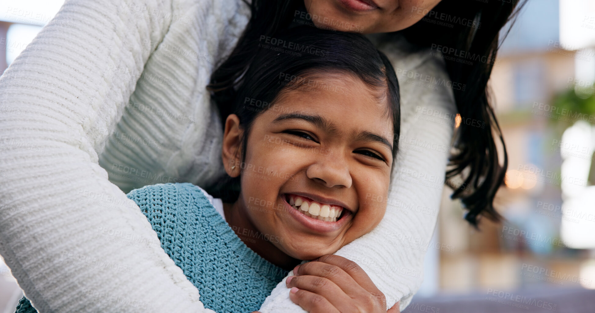 Buy stock photo Portrait, mother and hug with child for love, connection and security with smile in home. Safety, happy mom and daughter with embrace for bonding together, family support and kid with single parent