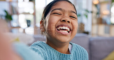 Buy stock photo Portrait, child and selfie in home with smile, photography and video call for discussion. Pov, happy and kid in lounge for conversation, profile picture update and chat with webinar for weekend break