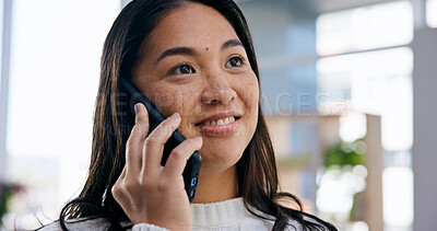 Buy stock photo Phone call, smile and woman in home with networking, communication or connectivity in living room. Cellphone, happy and Asian person on mobile conversation for catch up in apartment on weekend.