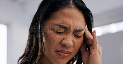 Buy stock photo Woman, headache and pain with stress in home for mental health, pressure or vertigo in living room. Tired, female person or migraine with ache, dizziness or fatigue for mistake or fever in house