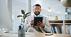 Finance, businessman and scroll in office with tablet, bookkeeping admin and smile for audit report. Accountant, person and research in firm with digital tech, glasses and review financial statement.