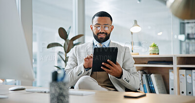 Buy stock photo Finance, businessman and scroll in office with tablet, bookkeeping admin and smile for audit report. Accountant, person and research in firm with digital tech, glasses and review financial statement.