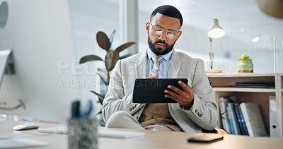 Buy stock photo Finance, businessman and reading in office with tablet, check schedule and deadline for audit report. Accountant, person and research in firm with digital tech, glasses or review financial statement.