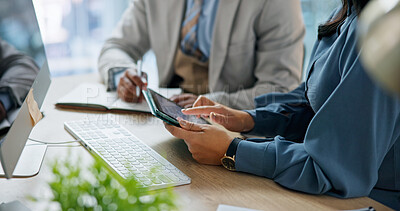 Buy stock photo Meeting, tablet and business people hands in office with personal assistant, agenda or online calendar. Manager, executive secretary and typing in workplace with tech, collaboration or plan schedule.