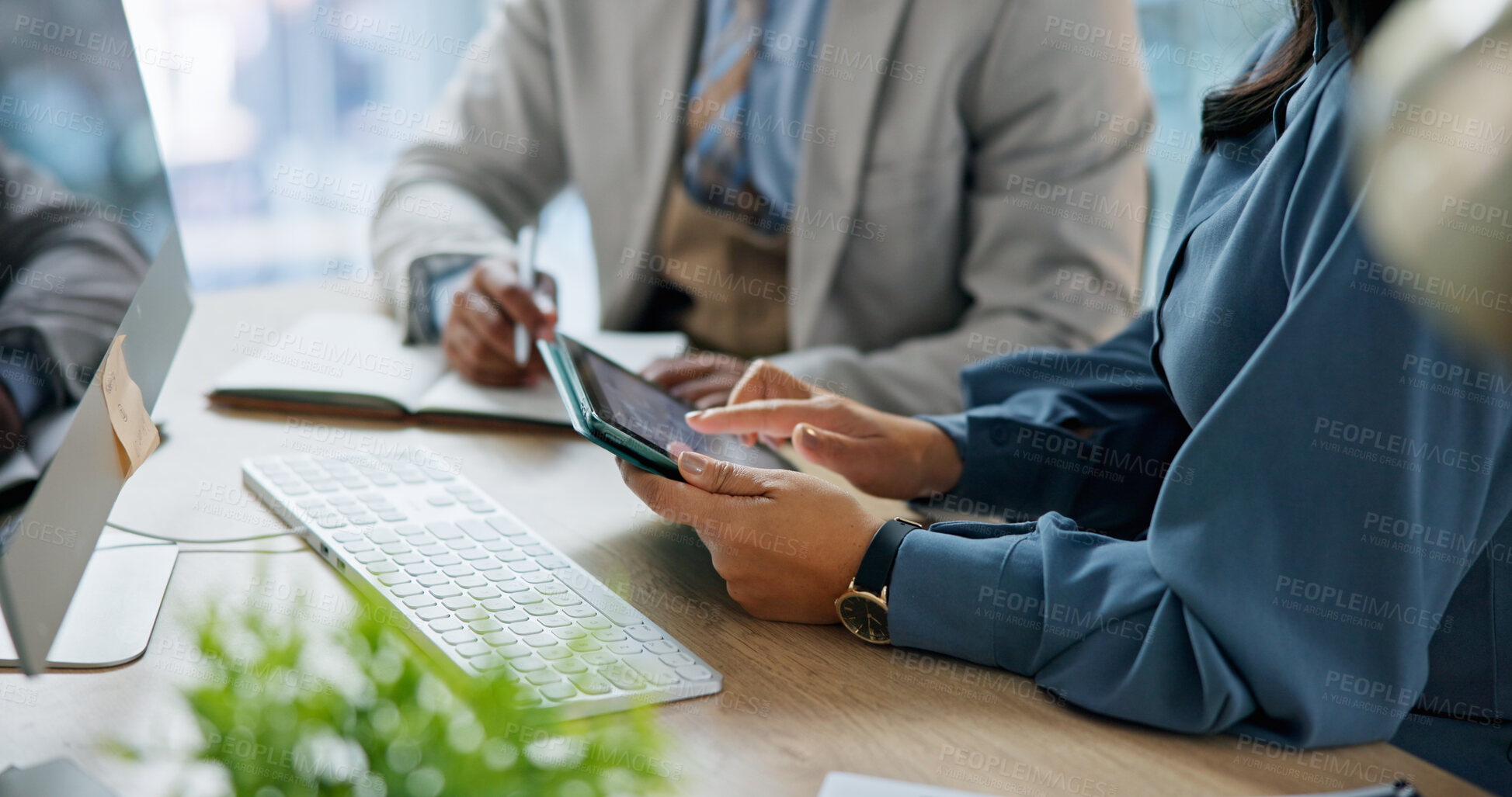 Buy stock photo Meeting, tablet and business people hands in office with personal assistant, agenda or online calendar. Manager, executive secretary and typing in workplace with tech, collaboration or plan schedule.