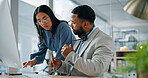 Telemarketing, team and discussion in office with tablet, manager advice or tips for insurance sales. Consultant, people and talk in call center with tech, mentor help and explain how to sell policy.