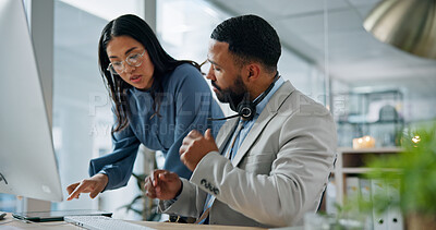 Buy stock photo Telemarketing, team and discussion in office with tablet, manager advice or tips for insurance sales. Consultant, people and talk in call center with tech, mentor help and explain how to sell policy.