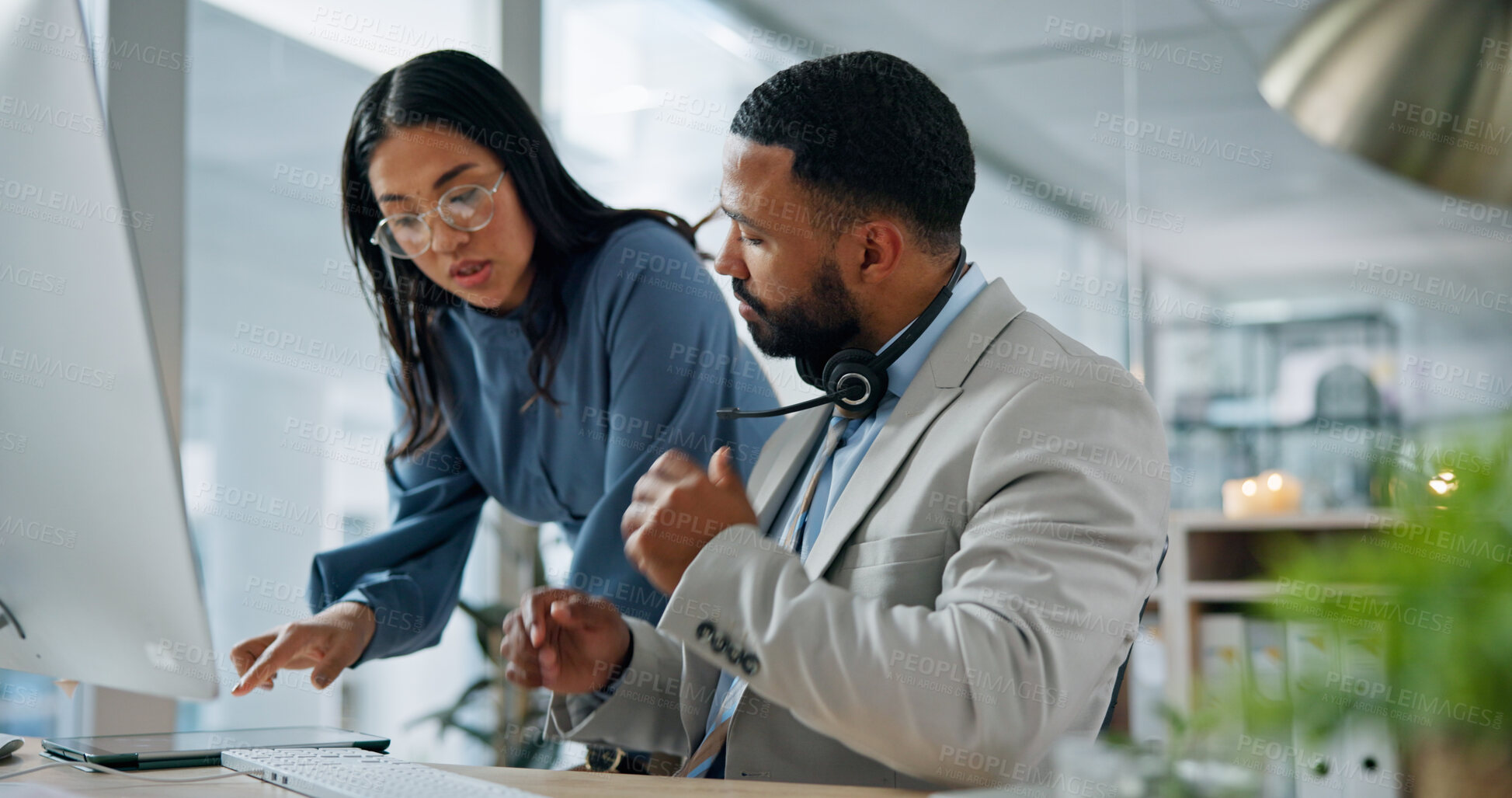Buy stock photo Telemarketing, team and discussion in office with tablet, manager advice or tips for insurance sales. Consultant, people and talk in call center with tech, mentor help and explain how to sell policy.