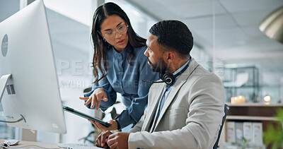 Buy stock photo Telemarketing, people and talk in call center with tablet, manager advice or tips for insurance sales. Consultant, team and discussion in office with tech, mentor help and explain how to sell policy.