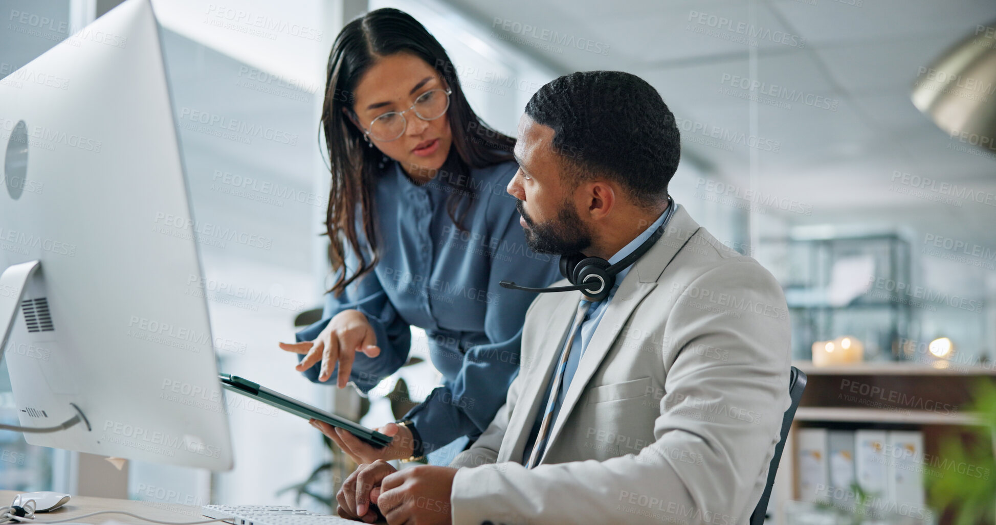 Buy stock photo Telemarketing, people and talk in call center with tablet, manager advice or tips for insurance sales. Consultant, team and discussion in office with tech, mentor help and explain how to sell policy.