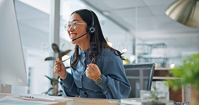 Buy stock photo Telemarketing, woman and fist pump in office with computer, success or achievement of insurance sales. Happy, asian person and celebration in call center with pc, goals or lead generation for policy.