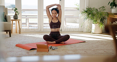 Buy stock photo Yoga, woman and stretching with tablet in house for wellness tutorial, fitness guide or benefits. Tech, warm up and happy person on floor at home for pilates, health or exercise in online class
