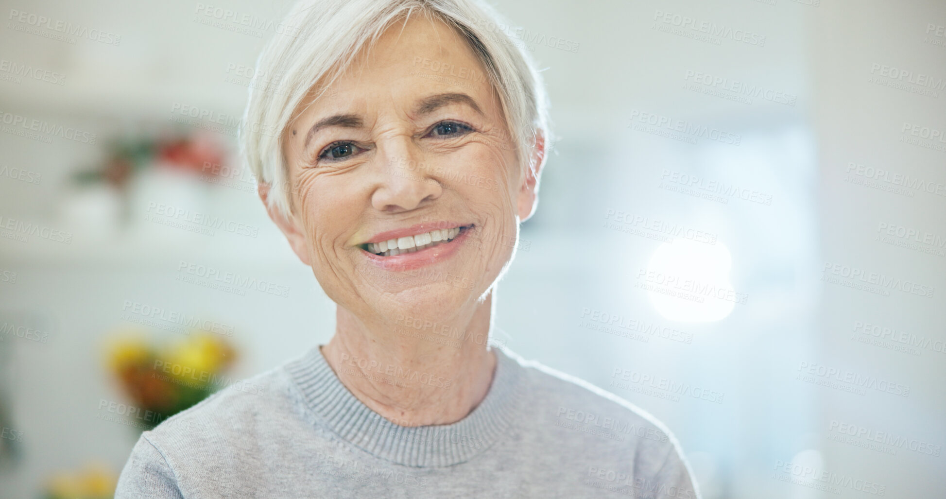 Buy stock photo Happy, relax and portrait of senior woman in home with positive attitude, calm or chilling on weekend. Smile, pension and elderly person in retirement with morning break in living room at apartment.