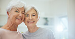 Portrait, friends and senior women in home for bonding, affection and connection for social visit. Space, retirement and elderly people with love, care and happy for relationship, support and reunion